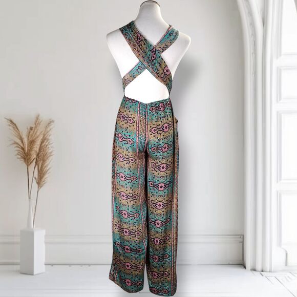 Karma Highway Multi Way Halter Wide Leg Jumpsuit OS  Boho Paisley Viscose - Picture 3 of 16